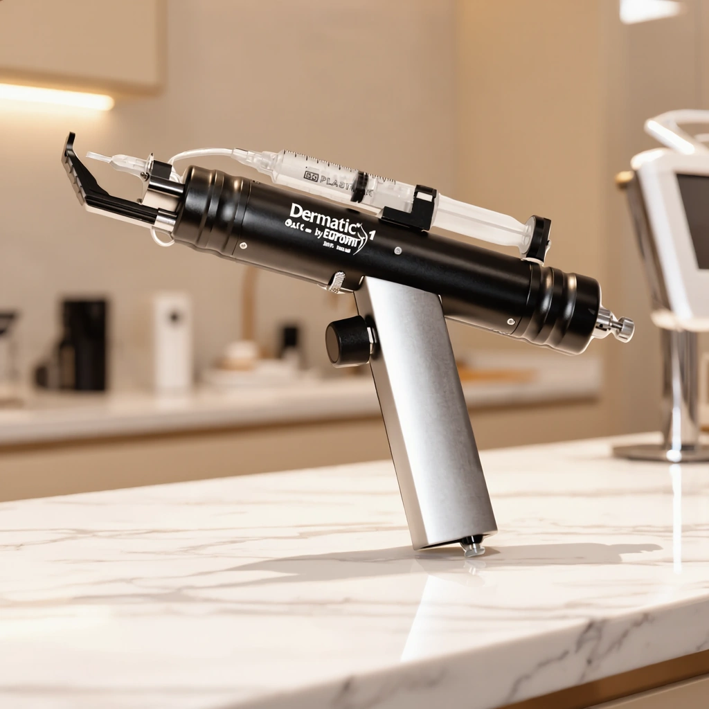 Dermatic1 Mesotherapie-Pistole auf Marmorplatte in Premium-Klinik-Umgebung mit Spritze und Katheter-Set