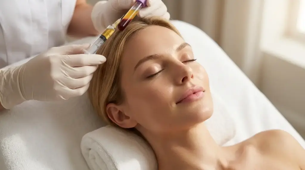 Blonde Frau Skincare MAP PRP Behandlung Gesicht geschlossene Augen