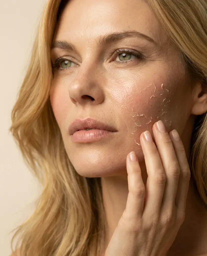 Blonde Frau Skincare ab 35 Jahren MAP closeup Haut die sich pellt