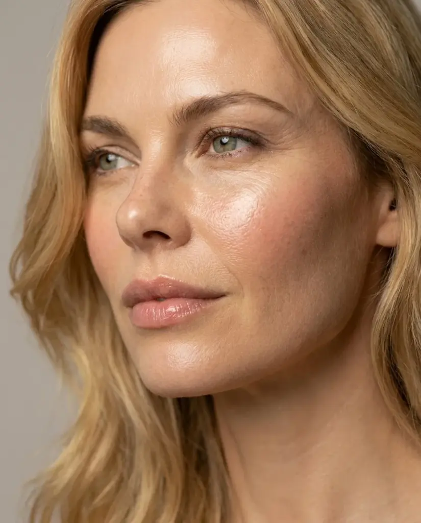 Blonde Frau Skincare ab 35 Jahren MAP closeup Haut die strahlt