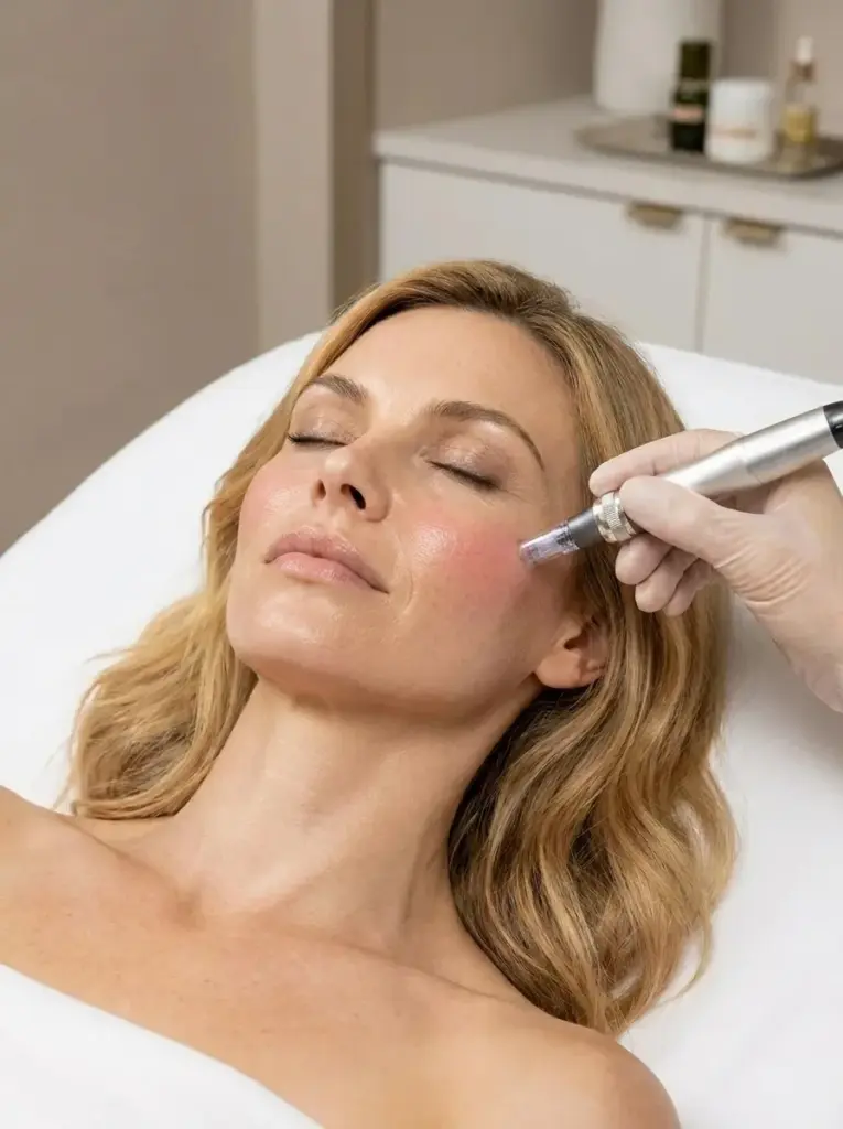 Blonde Frau waehrend Microneedling Behandlung Skincare ab 35 Jahren MAP