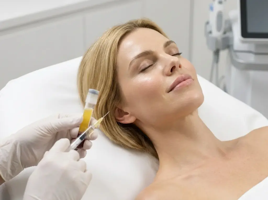 Blonde Frau waehrend PRP Behandlung Skincare ab 35 Jahren MAP