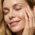 Blonde glueckliche Frau Skincare MAP closeup Gesicht geschlossene Augen