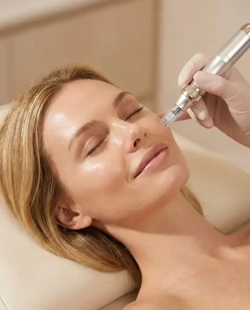 Blonde glueckliche Frau Skincare MAP closeup Gesicht geschlossene Augen waehrend Microneedling Behandlung