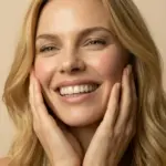 Lachende Blonde Frau Haende beruehren ihr Gesicht Skincare ab 35 Jahren MAP