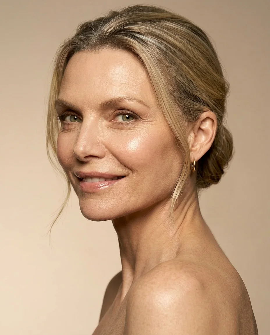 Model Rosie 49 Jahre Frau Haare gebunden close up glow im Gesicht