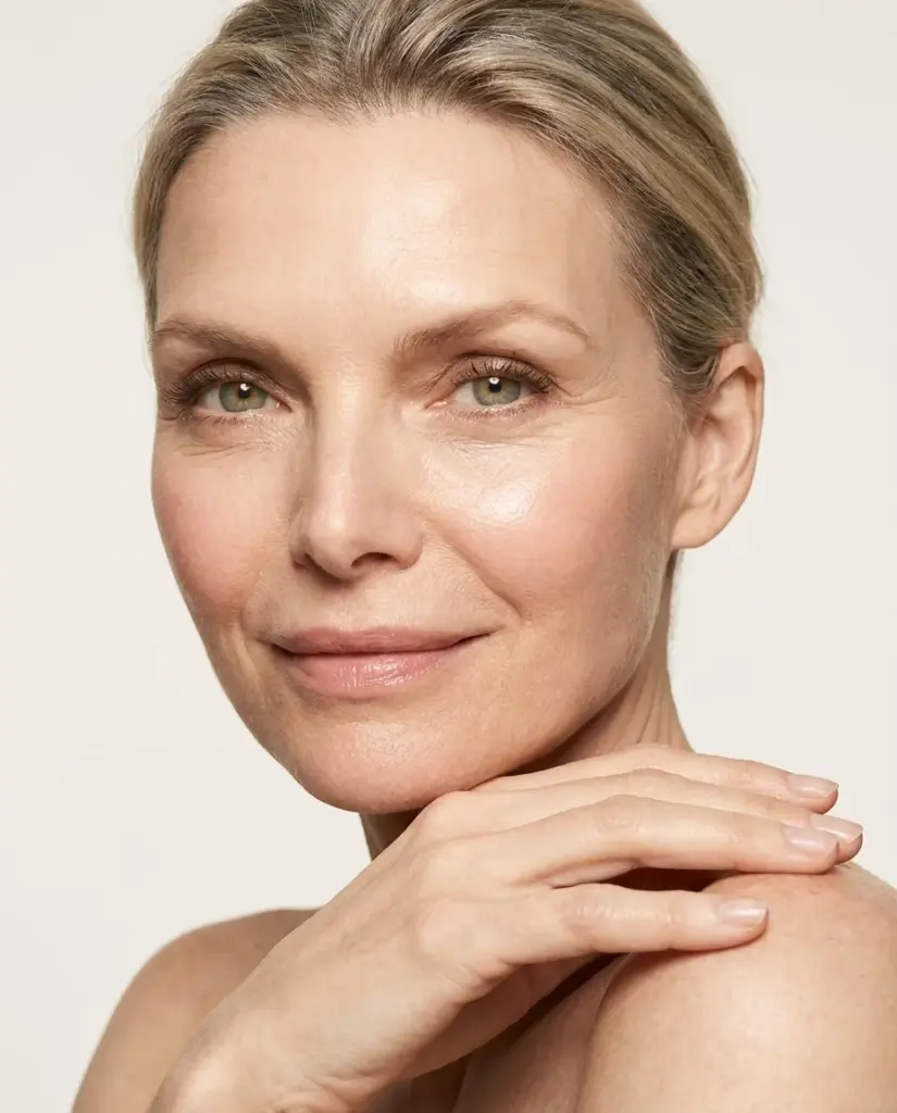 Model Rosie 49 Jahre Frau Haare gebunden tight close up glow im Gesicht