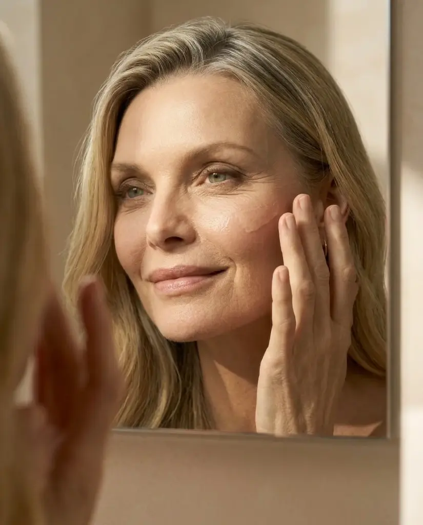 Model Rosie 49 Jahre Frau offene Haare morgendliche Skincare Routine