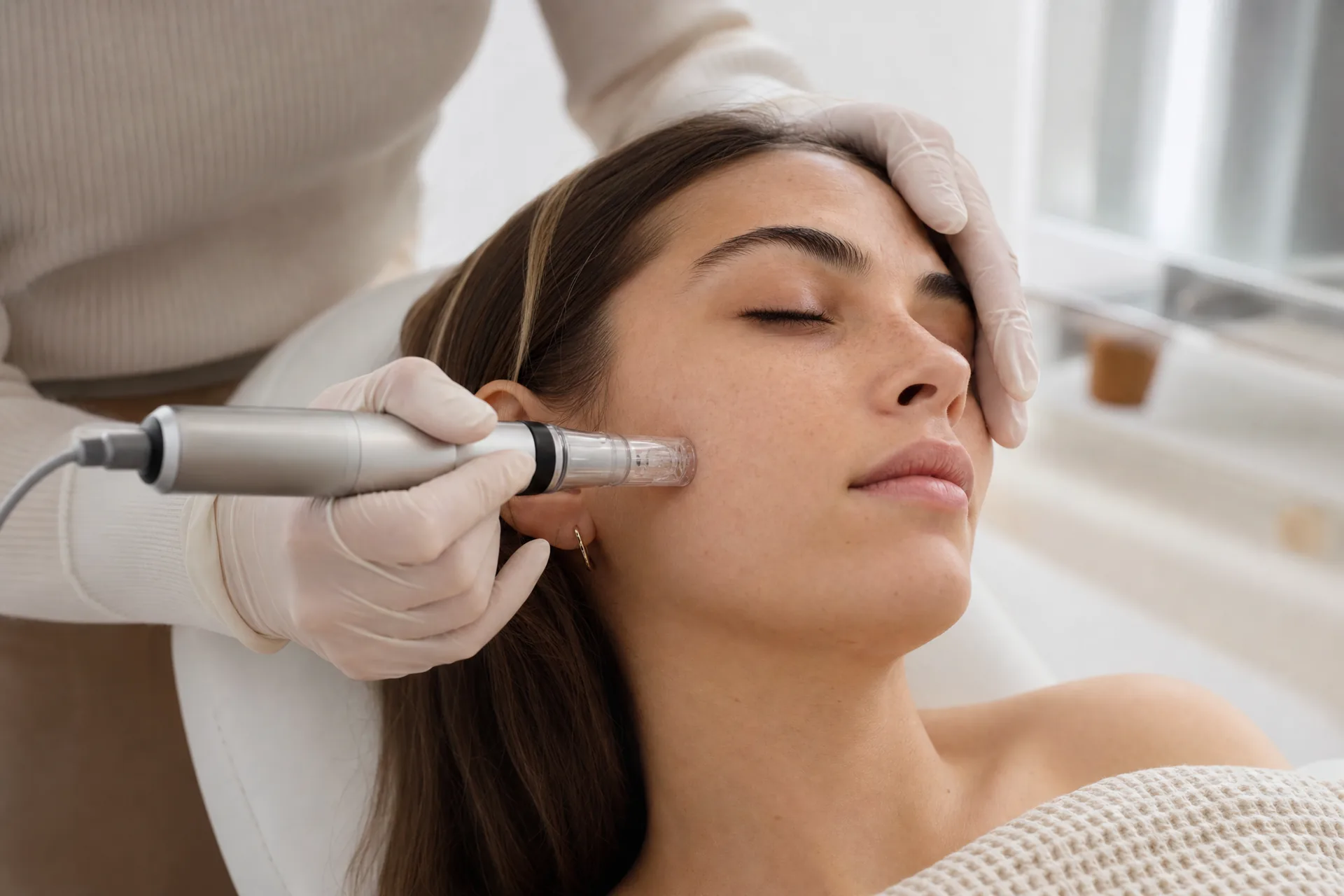 Behandlung mit einem Microneedling Pen an der Wange, Ausgangspunkt für den Microneedling Heilungsprozess