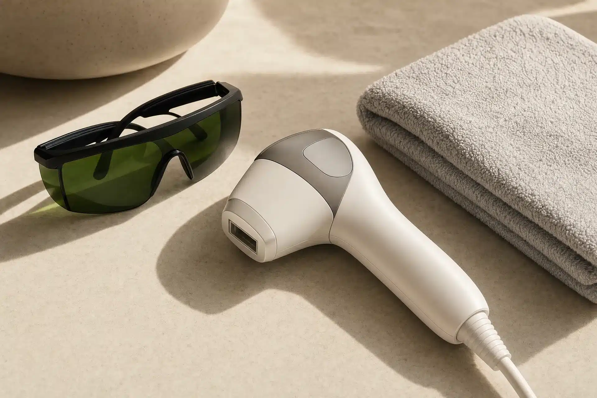Schutzbrille und Handstück eines apparativen Geräts auf heller Fläche