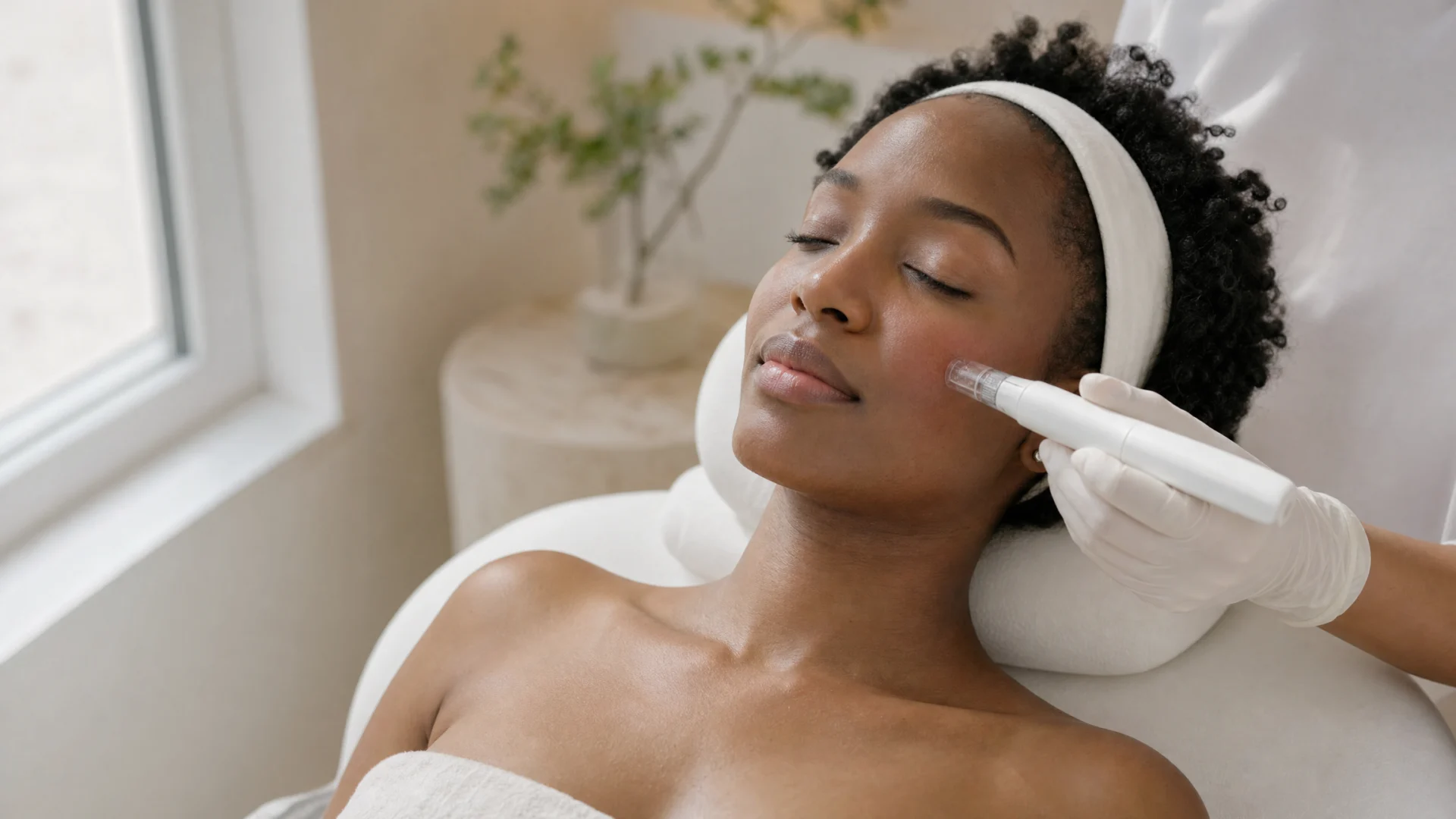 Microneedling Behandlung: Pen an der Wange einer entspannt liegenden Frau in der Praxis, Longevity Aesthetics MAP